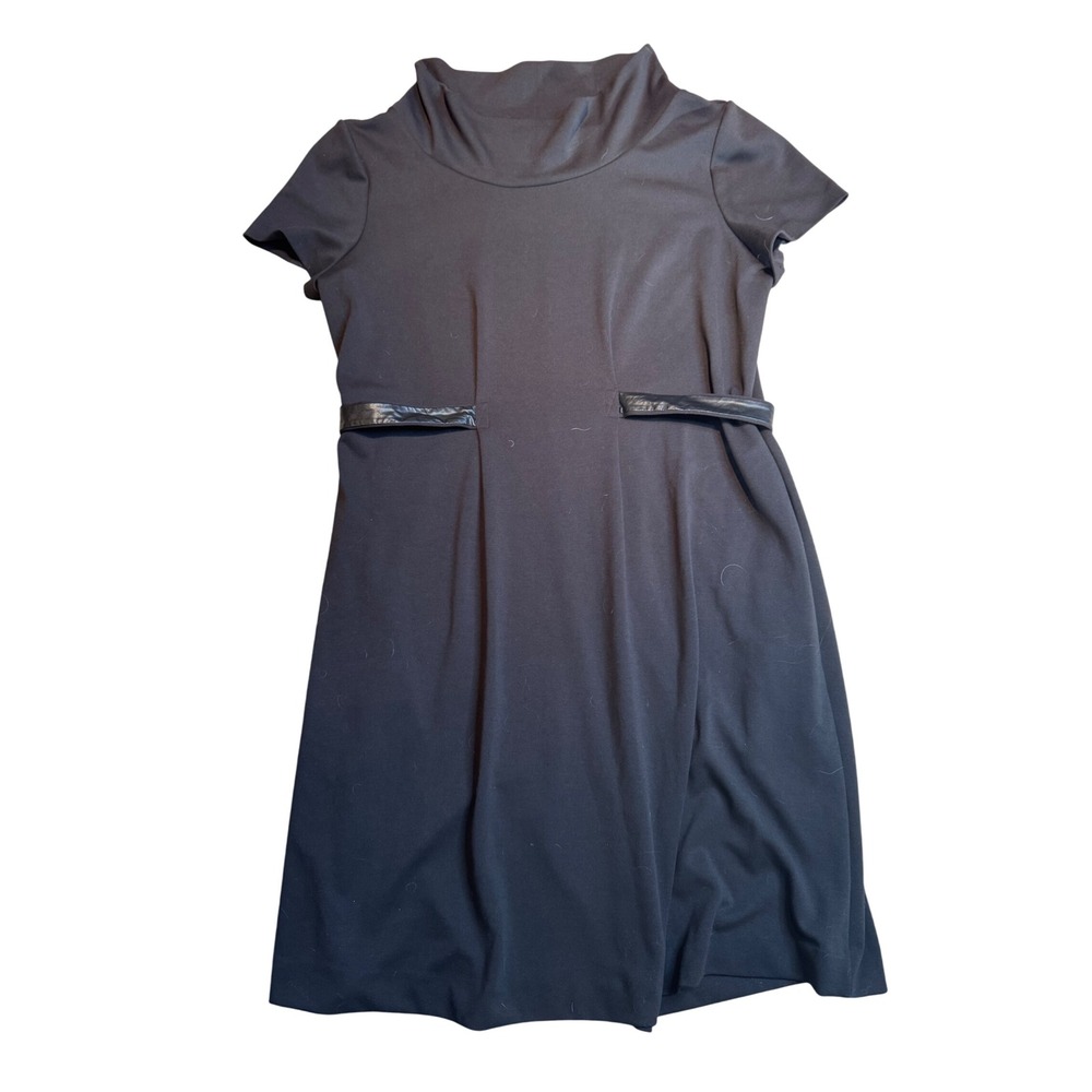 Karl Lagerfeld Paris Black Short Sleeve Cowl Neck Faux Leather Trim Dress 14